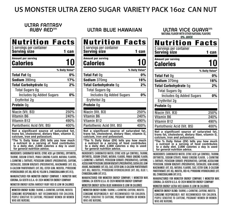 Monster Energy Ultra Variety Pack, Blue Hawaiian, Ultra Vice Guava, Ultra Fantasy Ruby Red, Sugar Free Energy Drink, 16 Ounce (Pack of 15)
