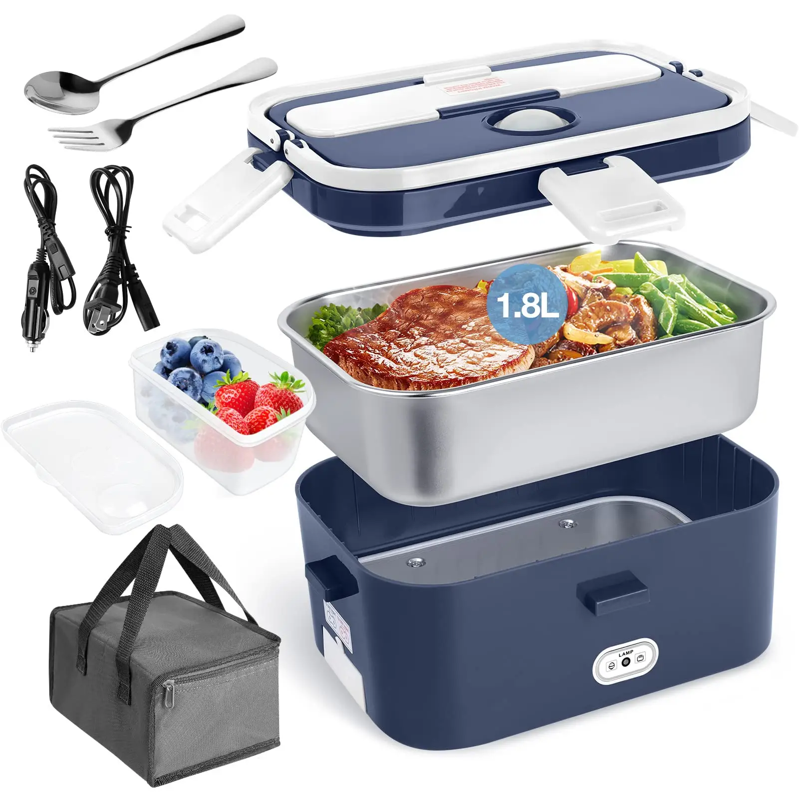Electric Lunch Box - 1.8L, Leakproof, Portable Heated Lunch Box, SS Container, Insulated Car Truck Work Carry, 12/24/110V