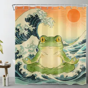 1/4pcs Funny Frog Shower Curtain for Bathroom, Cute Animal Vintage Japanese Ocean Waves Traditional Zen Art Fabric Shower Curtain, Modern Abstract Bathroom Shower Curtains Set with Hooks, 72x72 inches