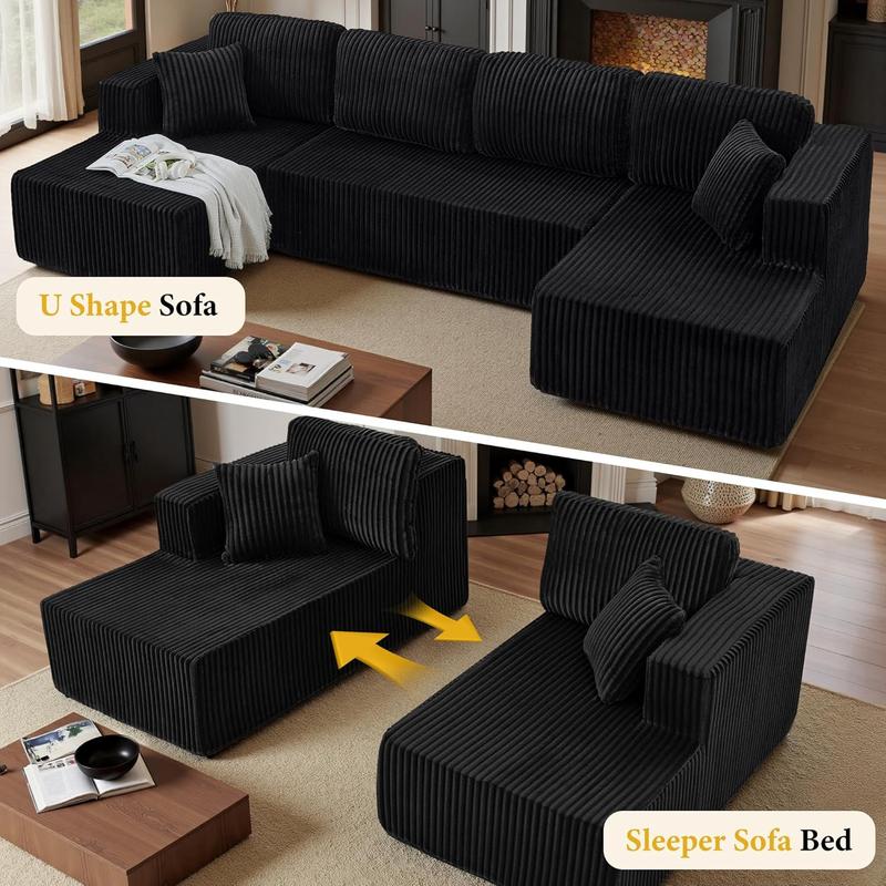 【2-3 Packages】 Niccae 132'' U-shape Boneless Memory Foam Sectional Sofa, Compressed Corduroy Sectional Couches, Oversized U Shape Comfy Modular Compression Cloud Sleeper Sofa with Deep Seat, Space-Saving Recliner Design