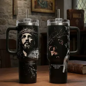 Forgiven Saviour Jesus 40oz Tumbler with Handle | Vintage Catholic Luke 23:34 Custom Cup 20oz No Handle | Gothic Dark Faith Insulated Mug | Christian Religious Spiritual Gift | Cup Holder Friendly