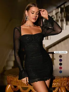 Women's Glitter Contrast Mesh Long Sleeve Ruched Mini Bodycon Dress, Lady Comfort Casual Elegant Fashion Chic Square Neck Lettuce Trim Tight Dresses for Party Dinner Holiday, Party Dress, Birthday Dress for Women Casual