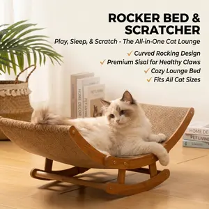 Boho Wooden Rocking Cat Scratcher Bed | Natural Sisal Curved Lounge Chair for Indoor Cats | Anti-Anxiety Rocker & Nest for Large Cats & Kittens, Easy Assembly