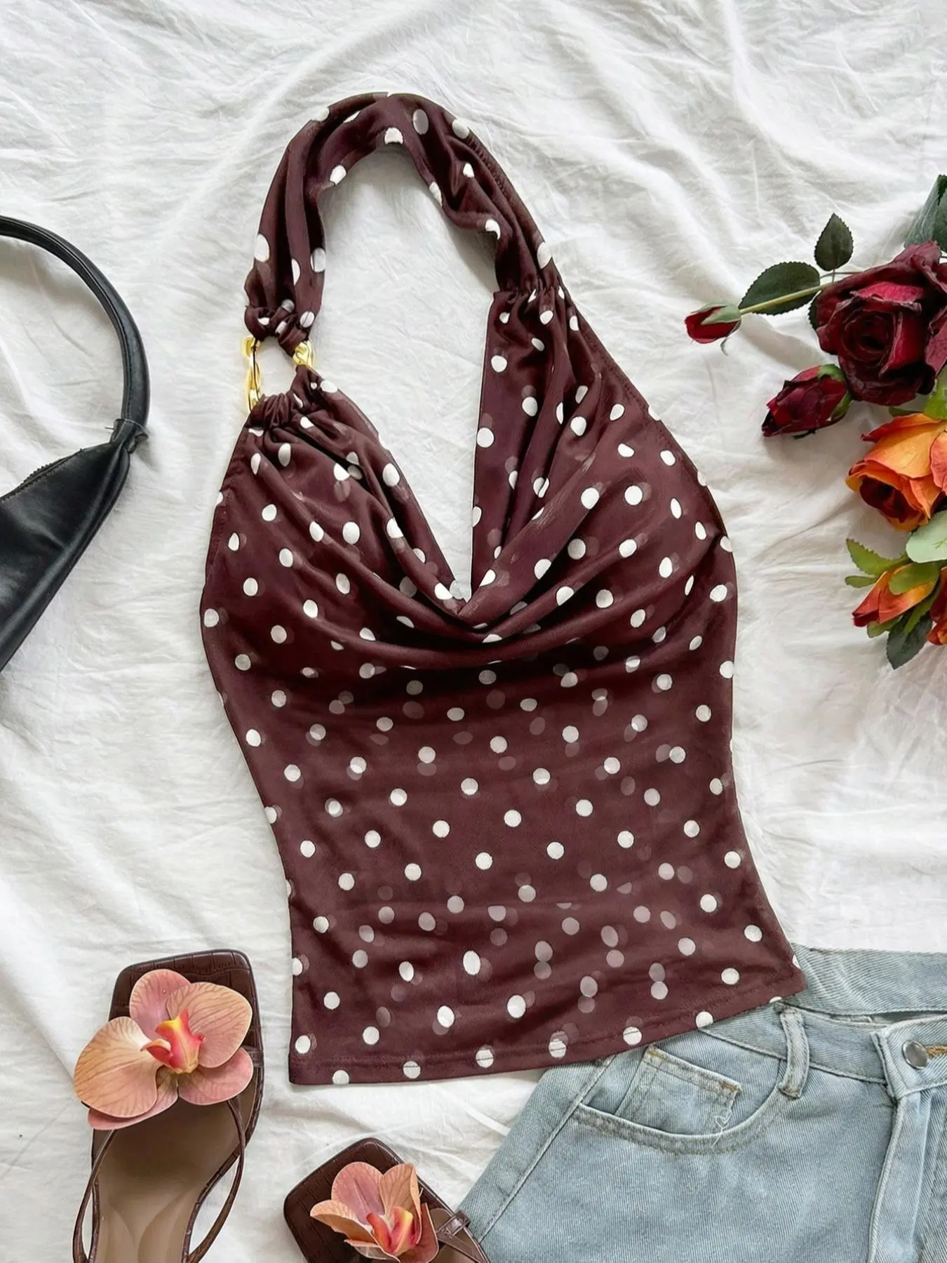 French-style elegant burgundy polka dot Halter Neck top, Ruched Cami Top, cropped sleeveless cami, ruffled waist-cinching slim-fit casual sexy cropped top, perfect for dating and party outfits Womenswear