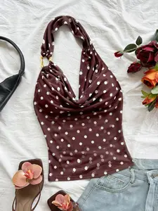French-style elegant burgundy polka dot halter top, ruffled waist-cinching slim-fit sexy casual cropped top, perfect for dating and party outfits