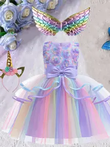 Girl's Bow Design Floral Mesh Tulle Party Dress & Unicorn Decor Headband & Wing, Elegant Zipper Back Tiered Layer Dress & Headband & Wing Set for Summer, Girls' Tutu Costume Clothes, Costume Decoration
