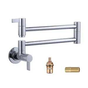 WOWOW Chrome Wall-Mount Pot Filler, 2-Handle Kitchen Stove Fixture with Dual Joint Folding Arms and Solid Brass Construction