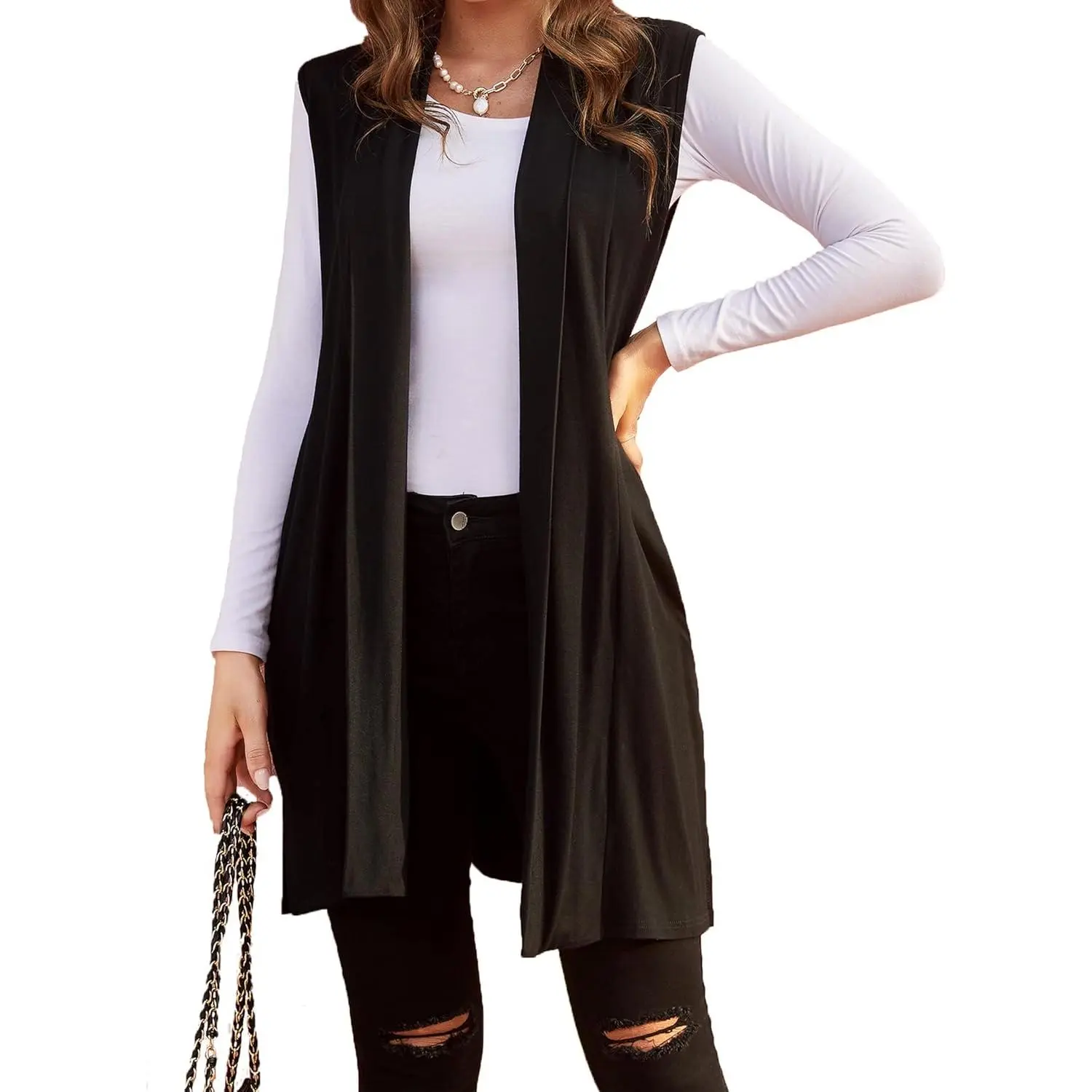 Women's Sleeveless Open-Front Draped Lightweight Cardigan Layering Vest - Soft, Breathable, Layered Look, Side Pockets, Multi-Size Casual Women's Vests Basic Womenswear