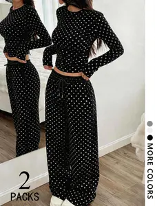 Women's Two-Piece Set, Round Neck Long Sleeve Top, Straight Leg Drawstring Pants, Polka Dot Design, Comfortable Fabric, Casual Everyday Wear
