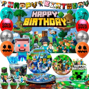 Cartoon Birthday Party Decoration Supplies, 113 Pcs Cartoon Pixel Party Supplies, including Cartoon Pixel Cake Toppers, Balloons Banner Plates etc. Cartoon Party Decorations for Boys