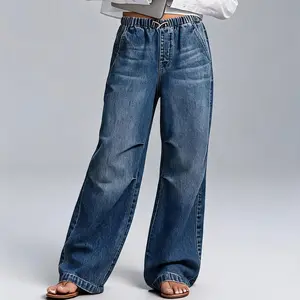 Women's Mid-Rise Wide-Leg Pleated Washed Jeans - Retro Denim, Loose Fitted, Comfort Stretch, Vintage Streetwear Straight Pants (Pair with Crop Tops & Footwear)