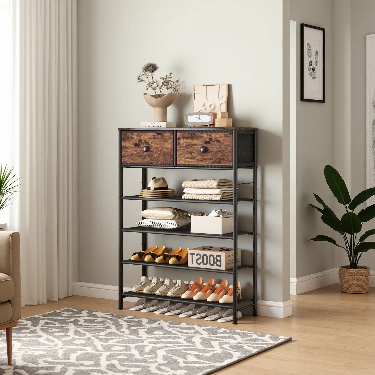 SUOERNUO 4/5-Tier Shoe Cabinet - Industrial Metal Frame, 2 Drawers, MDF & Fabric Layers, Entryway Shoe Holder Organizing System with Closet Storage for Small Room Organization Products, Space Saver, Drawer Organization
