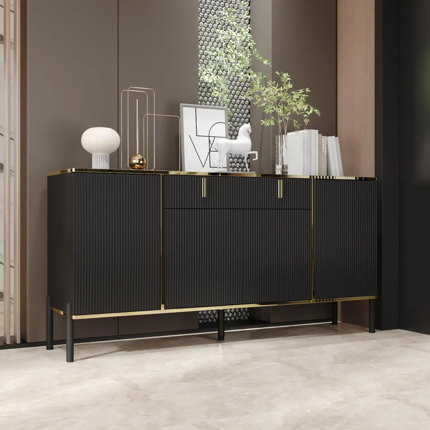 FUFU&GAGA Modern Freestanding Cupboard - Living Room Dresser, Kitchen Furniture Sideboard with Drawer, Pop-Up Doors and Black Metal Legs