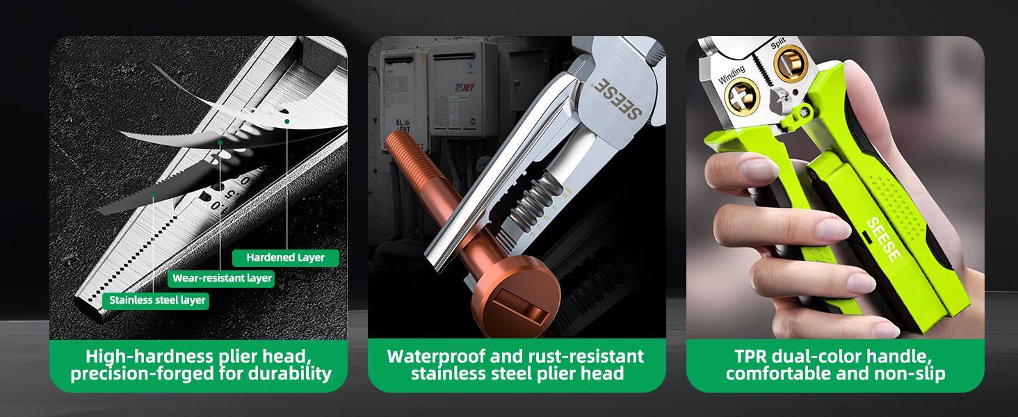 SEESE 8-In-1 Wire Stripper Twister for Cutting and Pulling Wires,Cable Scissors,Voltage Tester Pliers,12V to 250V Live,Hot Wire Judgment Greenish SEESE 8-In-1 Wire Stripper Twister for Cutting and Pulling Wires,Cable Scissors,Voltage Tester Pliers,12V to 250V Live,Hot Wire Judgment Greenish