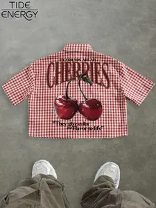 Men's Retro Picnic Style Urban Short Sleeve Shirt, Plaid Lapel Open Front Cardigan with Cherry Slogan Print, Casual Streetwear