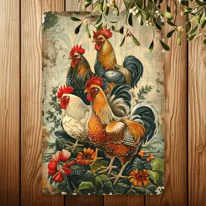 1pc, Vintage Rooster Metal Tin Sign, 8x12 inches, Rustic Wall Art, Indoor & Outdoor Decorative Hanging Iron Plate, Farmhouse Bedroom Office Kitchen Cafe Garage Decor, Aluminum Foil Carving Craft Tool