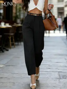 Women's Solid Wide-Leg Pants Belt, Elegant Aesthetic Textured Fabric Pleated Long Pants, Suitable for Spring Summer Office & Daily Wear
