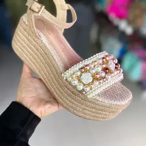 Elegant Pearl-Adorned Espadrille Sandals with Strappy Design and Comfortable Wedge Heel for Women