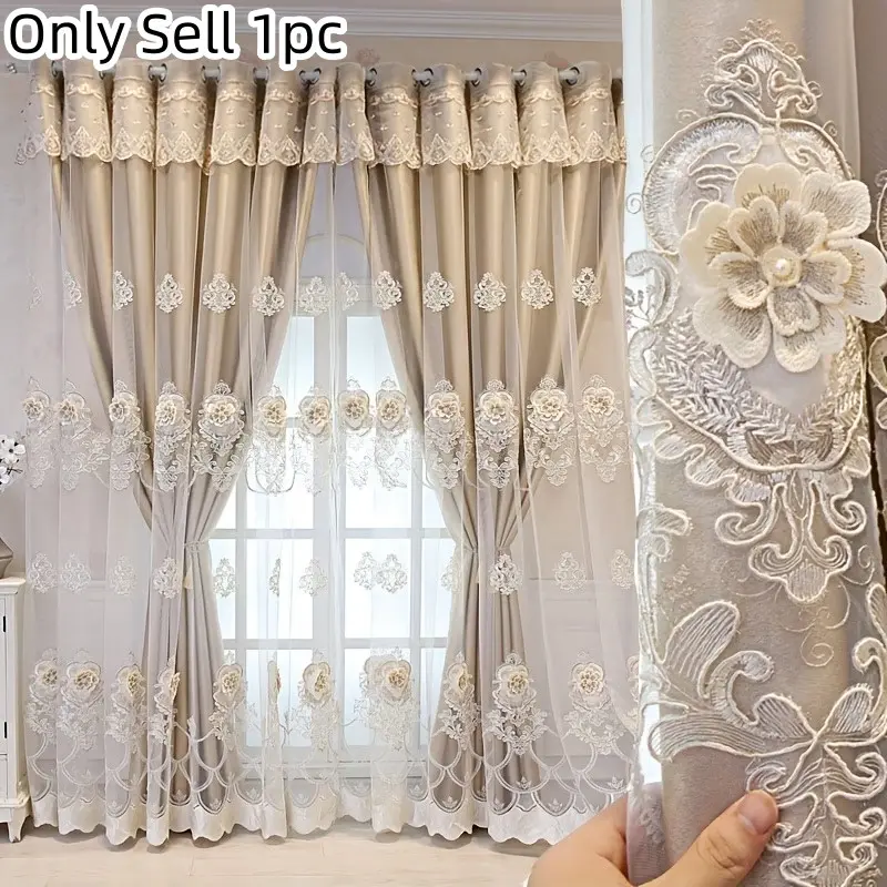 1pc European Style Embroidered Flower Drapes, UV Protection, Darkening Curtains, Suitable for Living Room, Bedroom, Kitchen, Office, Home Decorative Curtain, Curtains Floral, Home Decoration Curtain, UV Resistant Curtains