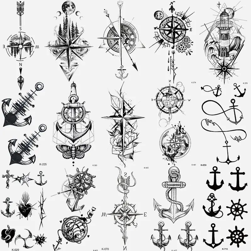 15 Pcs Pirate Ship Anchor Temporary Fake Tattoo Stickers, Cute Design, Compass, Dolphin, Cross, Butterfly, Heart Shape, Realistic Body Art, Body Fake Tattoos