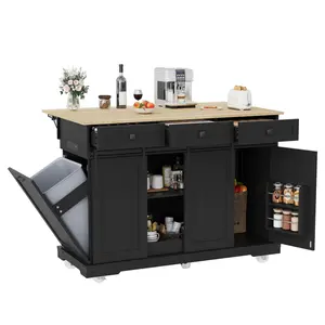 Garvee Rolling Large Kitchen Island Cart with Power Outlet, 3 Drawers, Drop Leaf, Trash Can Storage, Mobile Island Table with Spice Rack and Towel Holder in Black