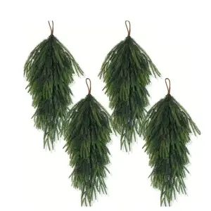4pcs 26.4 Inch Ultra Long Artificial Christmas Water Drop Wreath, Norfolk Pine Needle Door Decor, Indoor Outdoor Holiday Decoration