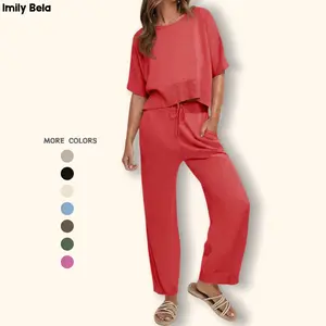 Imily Bela Womens 2 Piece Outfits Sweater Sets Knit Split Crop Tops High Waisted Pants Lounge Set