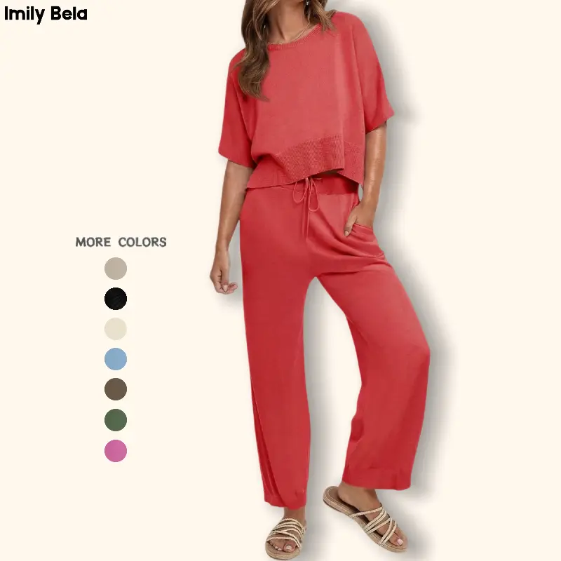Imily Bela Womens 2 Piece Outfits Sweater Sets Knit Split Crop Tops High Waisted Pants Lounge Set