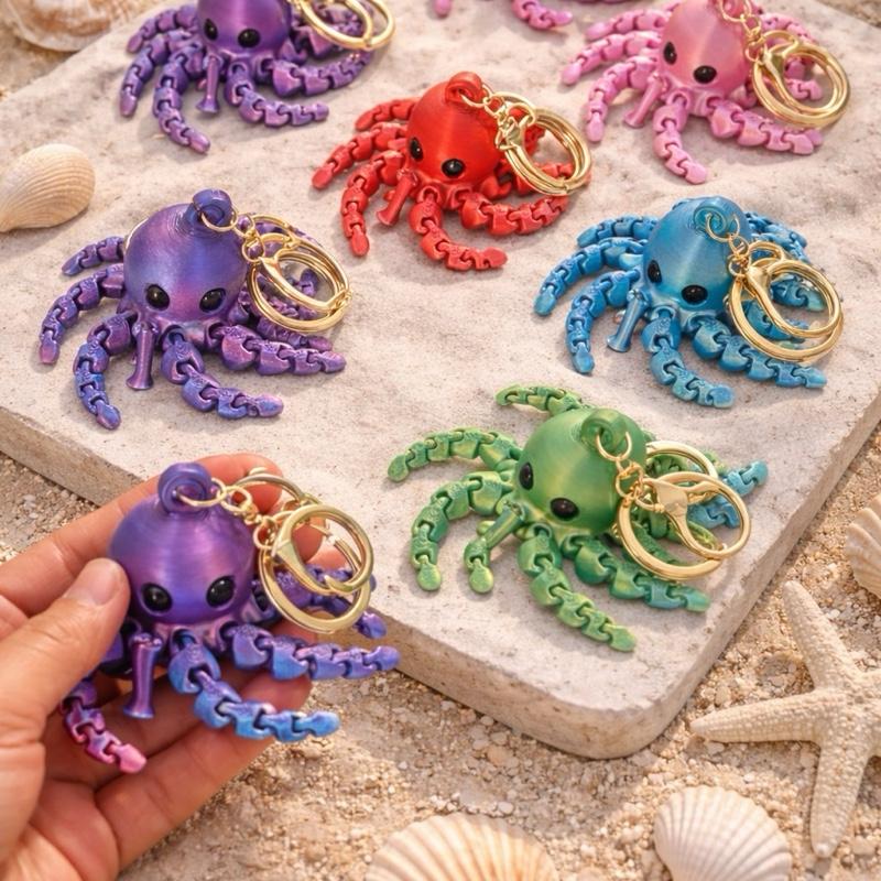 3D Print Machine Keychain - Colorful Octopus Design with Gold Chain for Stylish Accessory