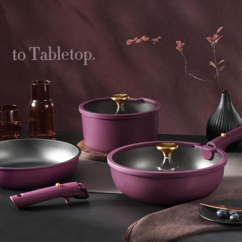 CAROTE 21pcs Pots and Pans Set, Nonstick Cookware Set Detachable Handle, Induction Kitchen Cookware Sets Non Stick with Removable Handle, RV Cookware Set, Gold and Purple