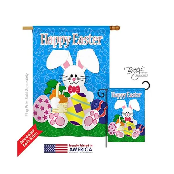 Breeze Decor 03029 Eco-Friendly Polyester Double-Sided Easter Happy Bunny Vertical Banner - 28x40", All Weather Decorative Outdoor Hang Artwork Hanging House Flag for Festive Home Supplies Decoration