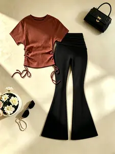 Casual Commuter Long Pants Set, High Waist Drawstring Side Slit Micro Flare Pants with Round Neck Short Sleeve T-Shirt Two-Piece Set