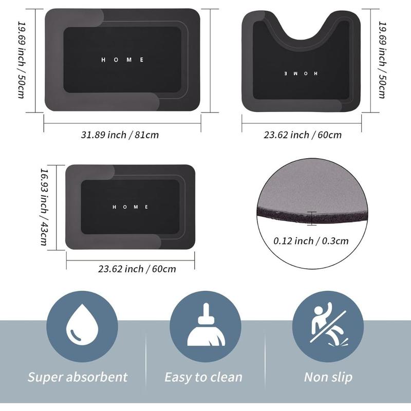 3PCS Absorbent Bath Mat Magic Rug Sets - Quick Drying Non-Slip Rubber Backed Black Mats (16.9''x23.6''+19.7''x23.6''+19.7''x31.9'') for Bathroom Kitchen, Floor Mat