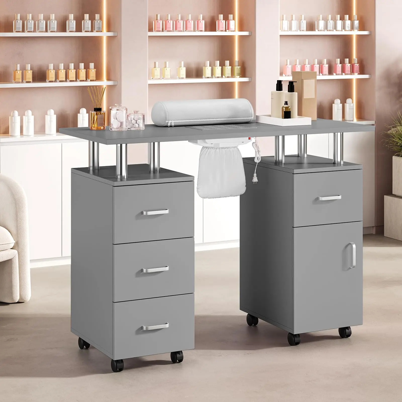 Nail Tech Table with Dust Collector, Storage Drawers, Hand Rest, Locking Wheels, Portable Manicure Table Manicure Station for Makeup Beauty Salon & Spa Workstation