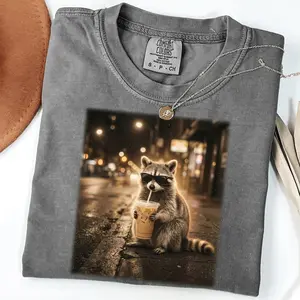 Comfort Colors Raccoon Drinking Iced Coffee Shirt, Funny Animal Meme Graphic Tee, Gift for Coffee Lovers, Men, Women