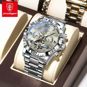 Poedagar Watch, Top Luxury Date Automatic Week Men's Watch Hollow Rotating Mechanical Stainless Steel Men's Watch