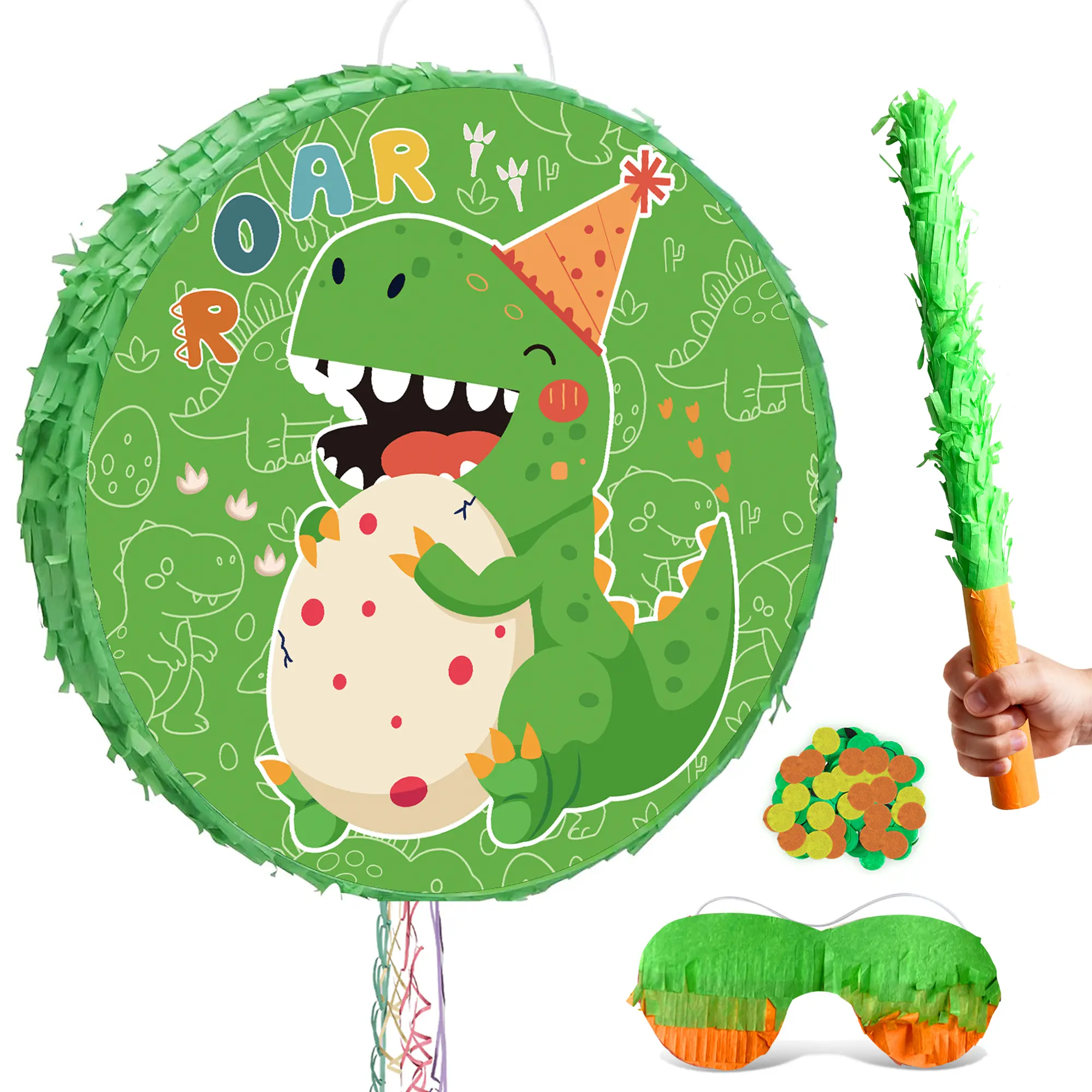 4 In 1 Dinosaur Round Piñata, 17.58'' Dinosaur Piñata Bundle, Dinosaur Party Decorations Blindfold Dino Birthday Party Stick etc Dino Themed Party Pinata for Dinosaur Party Favors Decorations