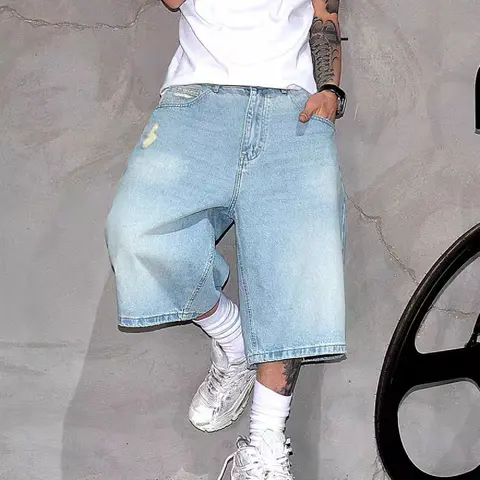 Denim Men's Shorts, Light Blue, Distressed Vintage Style Men's Shorts, Stylish Solid Streetwear, Baggy Relaxed Fit Moves With Every Step, Metal Button Fly Adds Classic Polish, Casual Denim