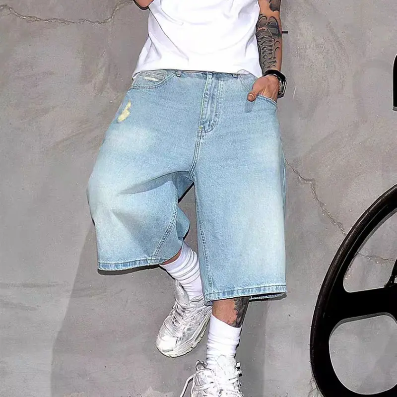 Denim Men's Shorts, Light Blue, Distressed Vintage Style Men's Shorts, Stylish Solid Streetwear, Baggy Relaxed Fit Moves With Every Step, Metal Button Fly Adds Classic Polish, Casual Denim
