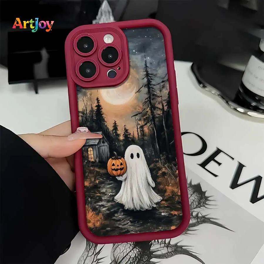 Shockproof Phone Case With Wine Red Lens Frame, Vintage Oil Painting Halloween Print Of Ghost Holding Pumpkin, Forest, Cabin & Moonlit Night, Compatible with iPhone 17 Pro Max,16,16 Plus,15,14,13,12, Ideal Holiday Gift