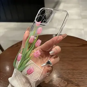 A clear pink tulip-designed phone case for the iPhone 16, 16 Plus, 16 Pro, 16 Pro Max, 13, 13 Pro, 13 Pro Max, 12, 12 Pro, 12 Pro Max, 11, 11 Pro, 11 Pro Max, and 7/8 X/Xs.