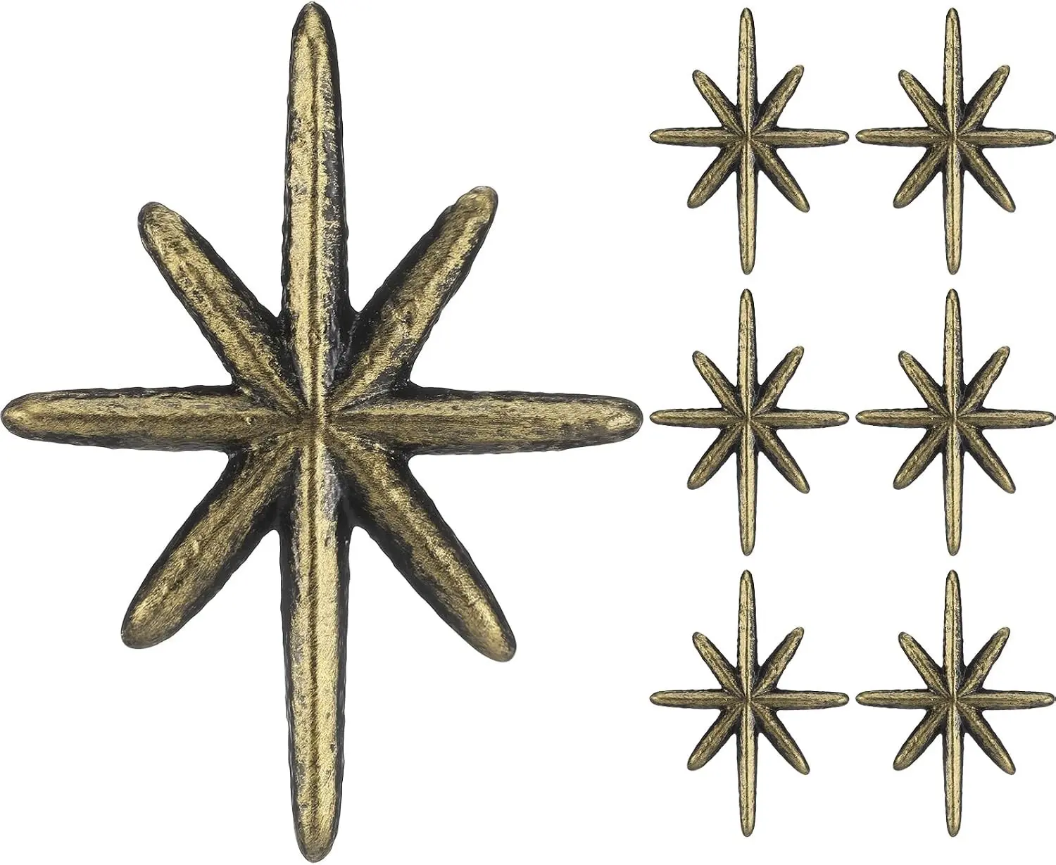 6 Set Unique Antique Gold Cast Iron Drawer Pulls & Cabinet Knobs, 8-Pointed Star Unique Cabinet Knobs, Add Mid-Century Modern Charm to Your Decor with Elegant Burst Design