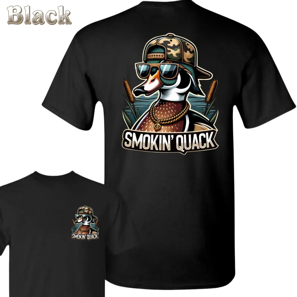 180g[cotton]Smokin’ Quack Fun Duck T-Shirt - Cool Duck With Camo Hat And Sunglasses Graphic , Hip Hop Style Duck Print , Outdoor Waterfowl Lover Tee , Unisex Casual Shirt , Fun Everyday WearTrendyTee, VintageTee, CoolTshirt,