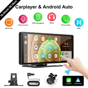 10.3" Portable Wireless Carplay Vehicle Backup Camera For Carplay/ Android Auto With Voice Control 2.5D IPS Touch Screen Mirror Link Airplay WIFI/ FM Synchronization, With Reversing Camera Support siri/ Google/ Yandex, Remote Controal