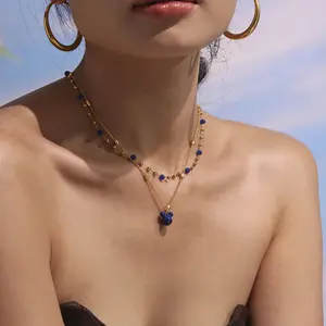 Rhine Blue Mickey Bear Double Layer Necklace Collarbone Chain Niche Design Stainless Steel Gold Plated Electroplated Jewelry