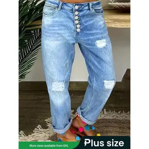 [Plus Size] Pocket Button Fly Denim Jeans, Casual Comfy Fashionable High Waist Trousers for Daily Wear, Women's Bottoms for All Seasons, Ripped Frayed Denim Womenswear, High Rise Jeans Pants, Ripped Hole Jeans, Slouchy Denim Jeans