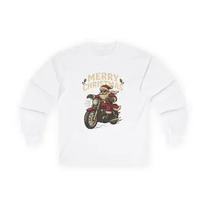 Christmas Biker Long Sleeve Tee, Santa on Motorcycle, Xmas Holiday Shirt, Unisex Cotton Top, Winter Gift Idea