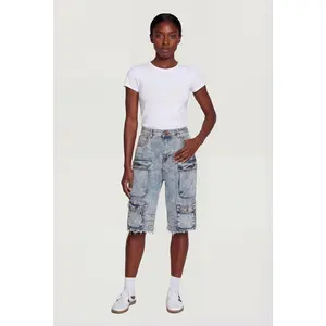 Acid Wash Frayed Hem Cargo Bermuda Shorts