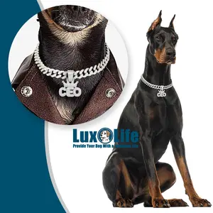 Silver Dog Chain Collar Necklace with diamond pendant "CEO" letter Wearing a crown,Diamond Cuban Link Dog Collar 13mm Wide Dog Necklace Metal Cat Chain Pet Crystal Collar Jewelry Accessories for Small Medium Large Dogs Cats