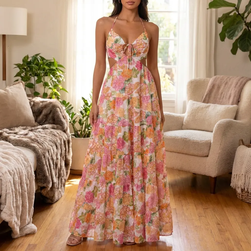 Women Long Dress Floral Print Tie-Up Halter Neck Backless Dress Summer Fashion Sleeveless Casual Dress